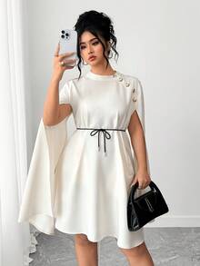 SHEIN Elenzya Plus Size Women Solid Color Stand Collar Poncho Style Hollow Out Elegant Dress - Apricot - View 6