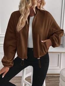 Easowa 女士拉链抽绳长袖保暖抓绒时尚休闲立领卫衣，棕色，秋冬季 - 棕色 - 查看 4