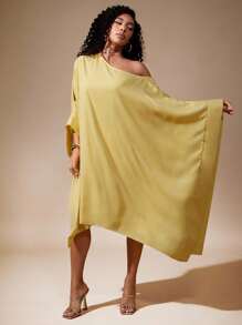Vixey Solid Sheer Chiffon Ruffle Batwing Flowy Dress, Going Out Outfits, Date Night Outfits Women, Night Out Outfit, Wedding Gust Dress, Wedding Gust Dress Elegant, Yellow Dress, Batwing Sleeve Dress, One Shoulder Dress - Yellow - View 2