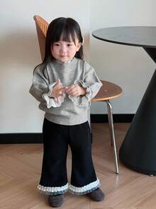 DAZY 女婴二合一韩式蕾丝拼接长袖毛衣幼儿女童服装 - 灰色 - 查看 4