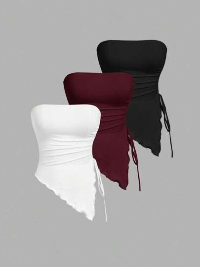 SHEIN MOD Top bustier de múltiples piezas con pliegues en la cintura atados a los lados, top tubo con estampado retro, top de otoño, top para salir, top de tirantes marrón