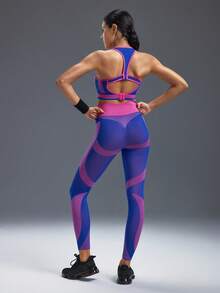 Powerista Bộ đồ tập luyện thể thao áo crop top và quần legging chắp vá màu tương phản dành cho nữ - Màu xanh lam - Xem 2