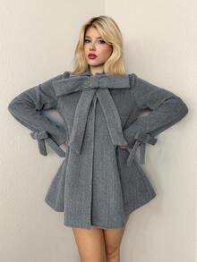 Sweetina Women's Solid Color Long Sleeve Cute Big Bowknot Cardigan, Autumn/Winter - Grey - View 1