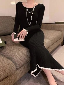 DAZY 女士优雅拼色圆领毛衣裙，秋季舞会礼服 - 黑色 - 查看 3