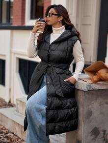 Vionelle 加大码女式连帽大口袋背心夹克长款秋冬时尚保暖外套配腰带冬季秋季羽绒背心 - 黑色 - 查看 4