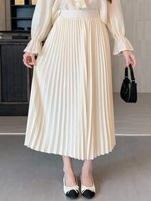 Váy xếp ly đơn sắc, cơ bản, thanh lịch, đa năng cho bé gái tuổi teen, mùa xuân, mùa hè và mùa thu - Màu be - Xem 4