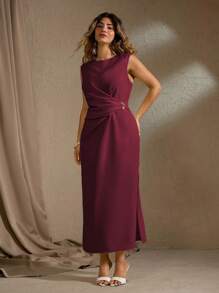 Roveilla 大码女式优雅休闲无袖长裙，带金属装饰，腰部收紧，侧开衩，适合通勤、度假、下午茶、派对婚礼宾客礼服 女式酒红色中长裙 栗色连衣裙 女士连衣裙 女士优雅连衣裙 勃艮第酒红色中长裙 女士连衣裙 优雅中长裙 - 中紫紅色 - 查看 3