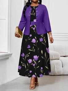 SHEIN Lady Autumn And Winter Elegant Modest Commuting Office Purple Dress Purple Plus Size Co-Ords Round Neck Chic Women's Set Women's Country Clothing Country Dress Country Dress For Women Purple Printed Two-Piece Suit Going Out Tops Halloween Clothes For Women Halloween Clothes For Women Dresses For Women Teacher Outfits For Women 2 Piece Sets For Women Women's Dresses Plus Size Dresses For Women Purple Dress Black Formal Dress For Women Formal Dresses For Women - Multicolor - View 5