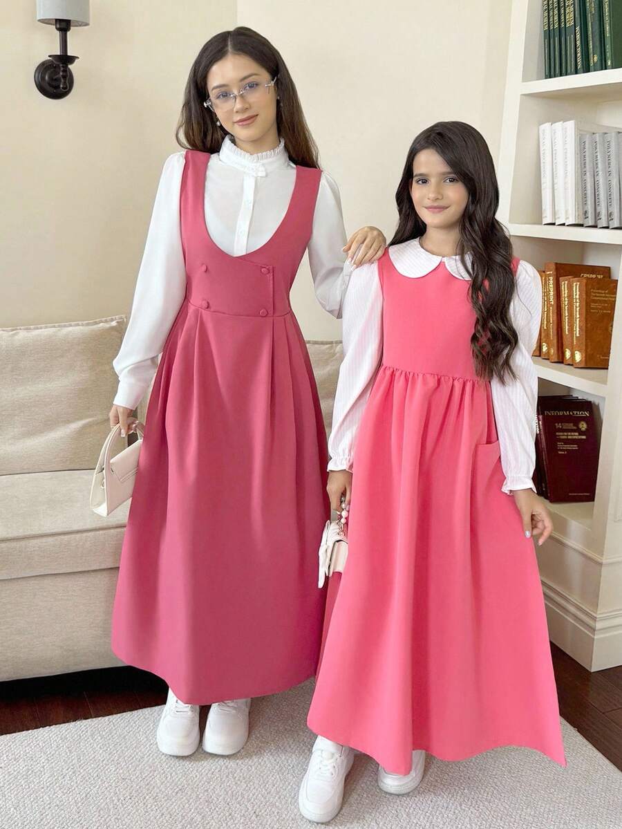 Girls' Casual Striped Long Sleeve Peter Pan Collar Blouse And Bib Pocket Maxi Skirt 2 Pieces Set, Comfortable For Daily Wear Pink Dress For Girls Girls Pink Long Sleeve Dress Pink Peter Pan Collar Dress Girls Modest Dress Girls Dress With Pockets - Pink - View 1
