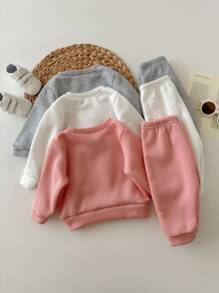 SHEIN 6 件套女婴可爱白色字母图案长袖连帽衫和松紧腰长裤，秋冬