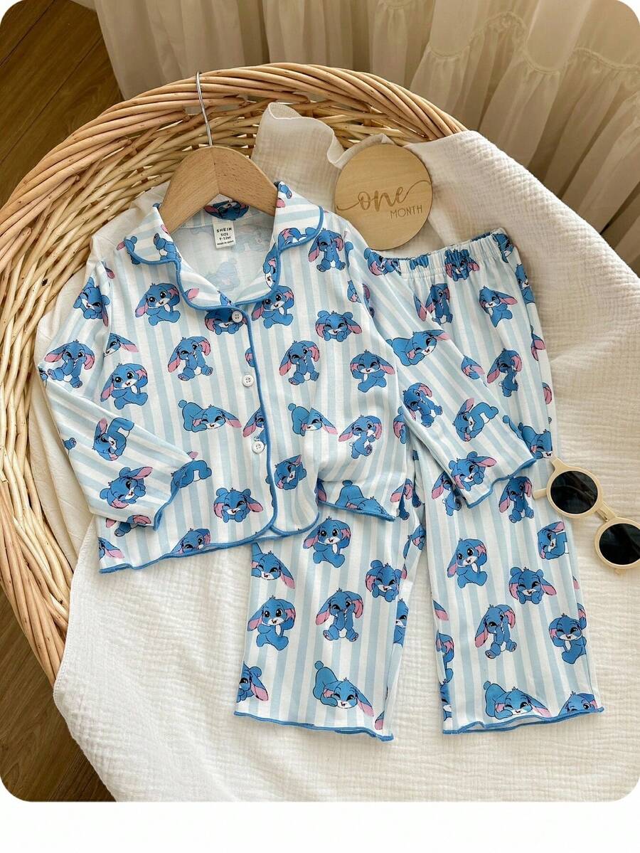 Casual Versatile Cute Cartoon Pattern Long Sleeve Pajama Set, Homewear Baby Girl Pajamas Bunny Pajamas Baby Pajama Set Baby Pj Set Cotton Pajama Set Fall Winter - Blue - View 1