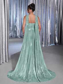 Glamrae Elegant Luxurious Green Elastic Coated Handmade Diamond Shell Collar Full Ruffle Sexy Slit Draped Mermaid Tail Formal Evening Gown - Green - View 3