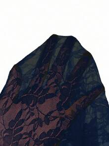 Almamuse 女士法式浪漫蕾丝蝴蝶结性感上衣长袖蕾丝上衣深蓝色蕾丝上衣女士蕾丝上衣蕾丝海军蓝蕾丝上衣 - 藍色 - 查看 8