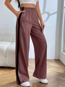 EURMUSE Women's Casual Basic Contrast Trim Loose Sweatpants - Brown - View 6