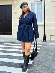 Jeanoix Plus Size Fashion Front Button Belt Denim Dress - Dark Wash - View 6