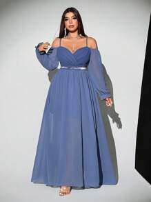 Viva Relle 大尺碼女款優雅灰藍色婚禮賓客禮服，秋季奢華露肩雪紡長袖收腰亮面緞帶長洋裝 - 霧霾藍 - 查看 5