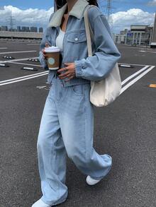 DAZY 女式休闲浅水洗蓝色翻领牛仔套装，秋季 - 藍色 - 查看 5