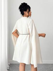 SHEIN Elenzya Plus Size Women Solid Color Stand Collar Poncho Style Hollow Out Elegant Dress - Apricot - View 2