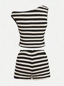 2 件套 Tween 女童休闲不对称纹理条纹露肩 T 恤和短裤套装 - 黑色 - 查看 9