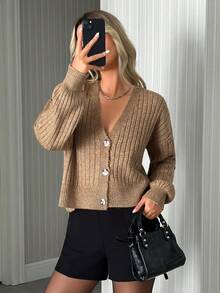 EURMUSE Women'S Solid Color Short Cardigan With Ribbed Texture - Brown - View 4