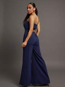 Vixey Women's Strapless Cinched Waist Pocket Open Back Wide Leg Jumpsuit, Suitable For Weddings, Business Casual Woman, Office Outfit - Blue - View 2