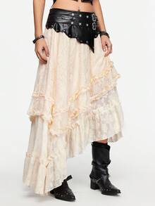 ROMWE Grunge Punk Romantic Punk PU Contrast Lace Heavy Rivet Design Women's Skirt - Multicolor - View 1