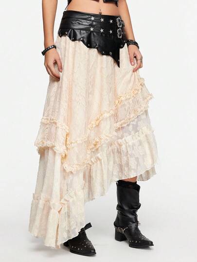 Grunge Punk Jupe femme design romantique punk en PU avec dentelle contrastée et rivets lourds