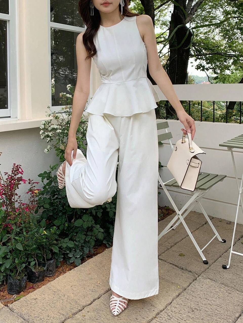2pcs Women Crew Neck Sleeveless Tank Top With Ruffle Hem, Solid Color Long Vest For Summer Short Sets For Women