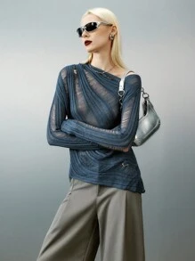 Airlisse 女士纯色不对称领长袖镂空性感毛衣，春秋季长袖上衣，针织套头衫，秋冬季 - 灰色 - 查看 4