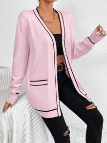 EMERY ROSE 休闲拼色双口袋开衫，春秋季 - 粉色 - 查看 4