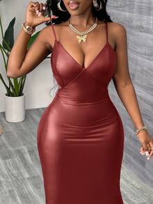 Slaydiva Summer New Style Elegant Sexy Strapless Back Cross Design Backless Waist Slim Midi Skirt Black PU Women's Dress