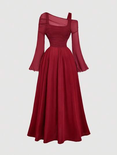 SHEIN MOD Plus Size Burgundy Off-Shoulder Mesh 2in1 Trumpet Sleeve Long Sleeve Women's Dress,Western,Vintage,70s,The Bachelorette,Valentine Day Maroon Dress Burgundy Dress Women Red Formal Dress Long Dress Long Sleeve Dress
