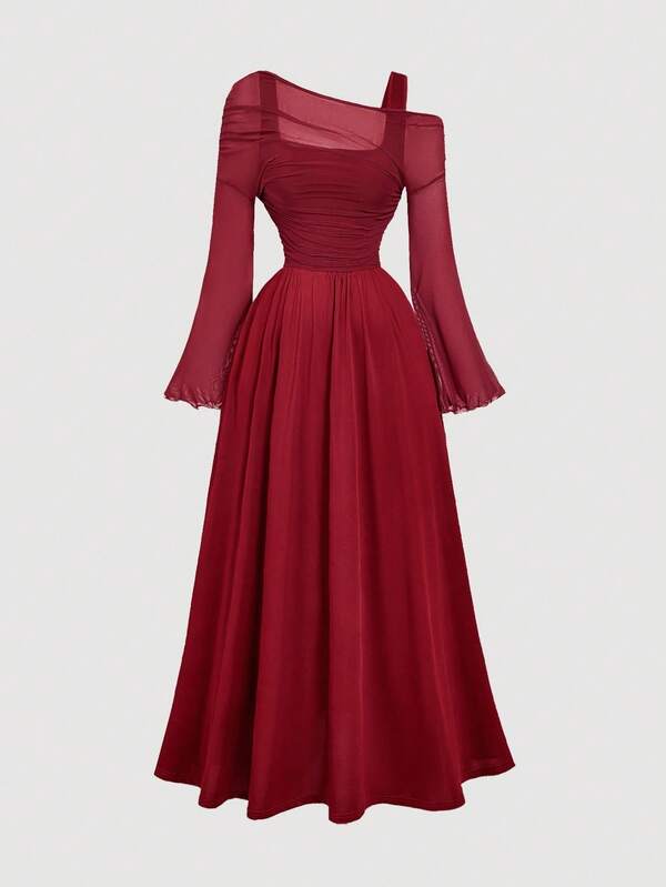 SHEIN MOD Plus Size Burgundy Off-Shoulder Mesh 2in1 Trumpet Sleeve Long Sleeve Women's Dress,Western,Vintage,70s,The Bachelorette,Valentine Day Maroon Dress Burgundy Dress Women Red Formal Dress Long Dress Long Sleeve Dress