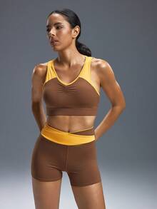 Powerista Women's Brown Workout Set, Brown Sports Bra & Short For Running & HIIT - Brown - View 3