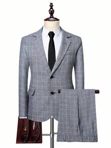 Calvornis 男士灰色格子 V 领休闲西装套装，春夏男士格子灰色西装外套和裤子两件套，商务正装风格，老款 - 灰色 - 查看 4