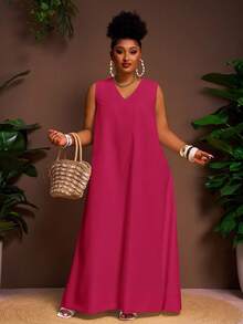 Veslaya Đầm maxi cỡ lớn màu trắng trơn, dáng rộng, cổ chữ V, vạt bất đối xứng, size Z, hàng mới về mùa Xuân/Hè, thích hợp cho đi nghỉ mát và đi làm, đi chơi hàng ngày, dạo phố. - Màu Hồng Tươi - Xem 5