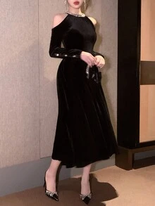 DAZY Váy dự tiệc thanh lịch khoét vai và đính đá, dáng dài vừa phải dành cho nữ, váy dạ hội mùa thu - màu đen - Xem 6