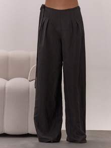 MUSERA 阔腿系带褶裥长裤，优雅性感，适合夜晚外出、度假、办公室、冬季派对等场合。 - 黑色 - 查看 2