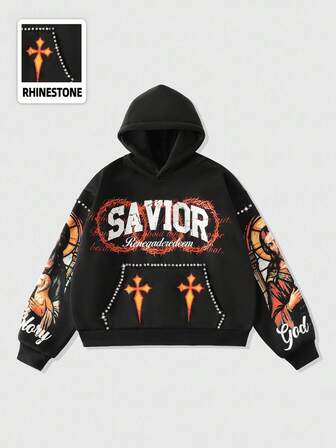 Goth Men's Sparkling Diamond Cross Print Hoodie, Loose Cropped Style, Fall Winter