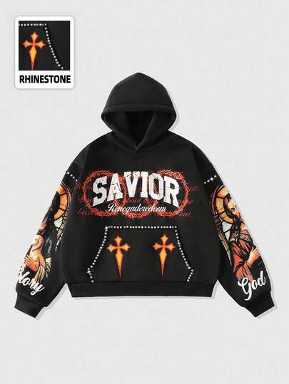 Goth Men's Sparkling Diamond Cross Print Hoodie, Loose Cropped Style, Fall Winter