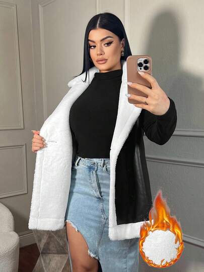 SHEIN SXY 大码女装秋冬性感优雅撞色无袖黑色PU外套，适合性感办公室女郎、妩媚动人、舞会、情人节、邮轮度假、通勤、商务、复古、派对、度假、外出、富贵、层次感丰富、约会之夜、聚会、极简主义、生日、正式场合、辣妹风、伊比沙岛、纳什维尔、休闲、低调、时尚、休闲、购物、街头风、外出等各种场合，凸显身材，修饰身形。