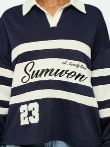 SUMWON WOMEN 超大号大学运动服长袖 Polo 橄榄球上衣，带有运动白色条纹印花和经典撞色领子，秋冬街头时尚必备单品 - 藏蓝色 - 查看 5
