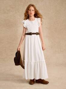 Tween Girl Elegant Lace Patchwork Long Dress,Holiday,Summer,Travel - White - View 3