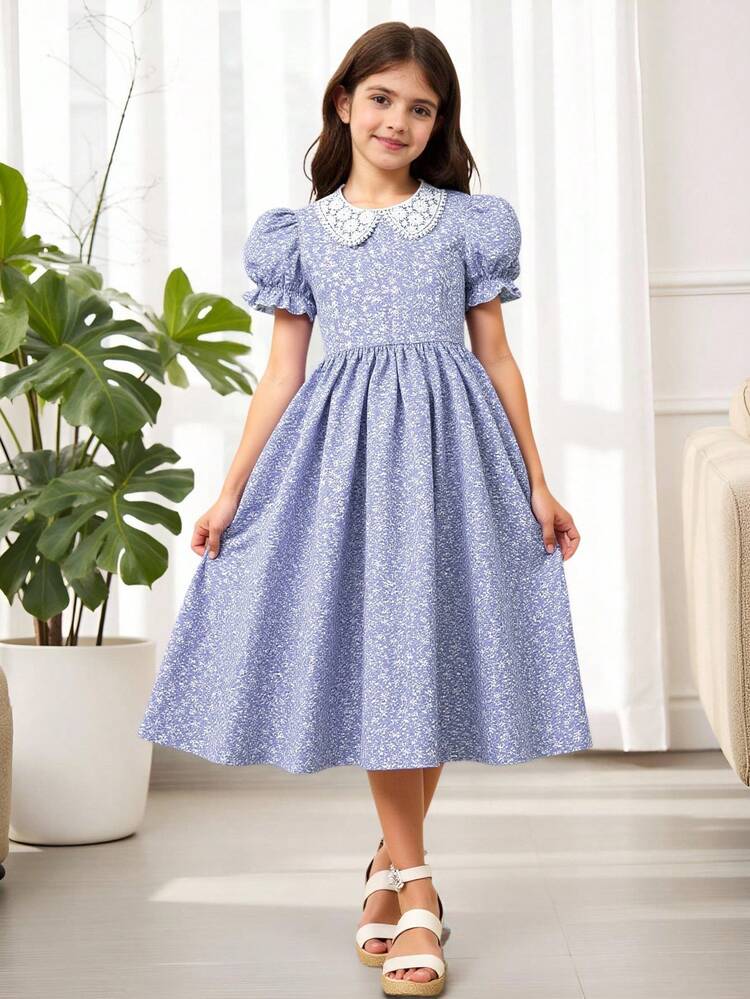 SHEIN 少女碎花连衣裙 - 白色底色，带图案、领口胸针、泡泡袖、优雅夏日假日连衣裙 - 紫色 - 查看 1
