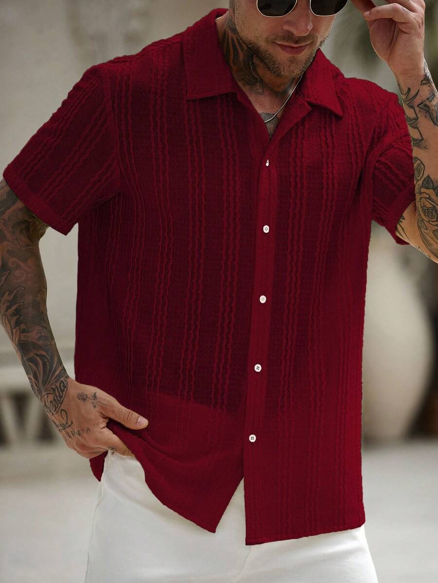 Manfinity RSRT 3 piezas Camisas de punto de manga corta casual y arrugada para hombres, para verano y vacaciones - Rojo - Ver 1