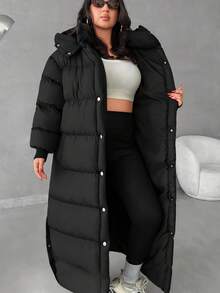 EURMUSE 中长款女士棉衣外套冬季黑色新款过膝加厚宽松保暖大衣 - 黑色 - 查看 8