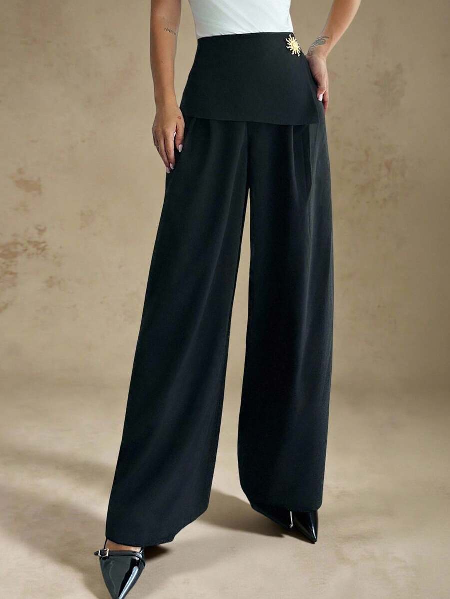 Firerie Pantalones envolventes negros sencillos y elegantes para mujer, de uso casual y para la oficina, de pierna ancha y suelta, adecuados para verano y otoño, con decoración de hebilla metálica en la cintura, para aeropuerto, vacaciones, profesora