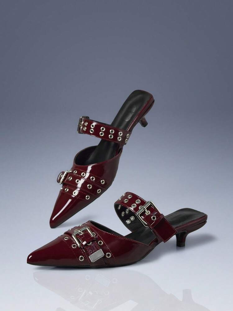CUCCOO GRLICON ワイン色のポインテッドトゥ キトゥンヒール ミュールシューズ、通勤、ハロウィン、クリスマスパーティー、音楽フェスティバル、秋に最適なファッショナブルなデザイン