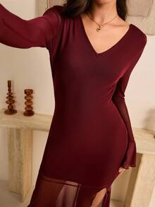 Lyxana Vestido maxi elegante, sexy y de moda para fiesta y noche, con cuello redondo elástico de punto, espalda descubierta, escote pronunciado con cordón, malla calada en los hombros, mangas largas, cintura ceñida y bajo de cola de pez - Burdeos - View 5