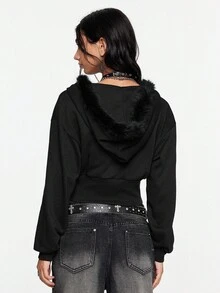 ROMWE Grunge Punk Y2K Subculture 复古修身豹纹连帽运动衫，复古花卉印花水钻装饰女式运动衫 - 黑色 - 查看 12